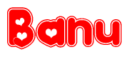 The image is a clipart featuring the word Banu written in a stylized font with a heart shape replacing inserted into the center of each letter. The color scheme of the text and hearts is red with a light outline.