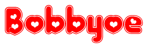 The image is a red and white graphic with the word Bobbyoe written in a decorative script. Each letter in  is contained within its own outlined bubble-like shape. Inside each letter, there is a white heart symbol.