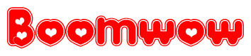 The image is a red and white graphic with the word Boomwow written in a decorative script. Each letter in  is contained within its own outlined bubble-like shape. Inside each letter, there is a white heart symbol.