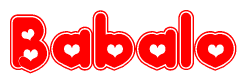 The image is a red and white graphic with the word Babalo written in a decorative script. Each letter in  is contained within its own outlined bubble-like shape. Inside each letter, there is a white heart symbol.