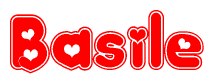 The image is a clipart featuring the word Basile written in a stylized font with a heart shape replacing inserted into the center of each letter. The color scheme of the text and hearts is red with a light outline.