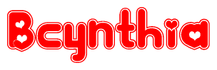 The image is a red and white graphic with the word Bcynthia written in a decorative script. Each letter in  is contained within its own outlined bubble-like shape. Inside each letter, there is a white heart symbol.