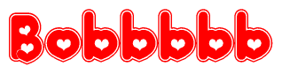 The image is a red and white graphic with the word Bobbbbb written in a decorative script. Each letter in  is contained within its own outlined bubble-like shape. Inside each letter, there is a white heart symbol.