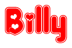 The image is a clipart featuring the word Billy written in a stylized font with a heart shape replacing inserted into the center of each letter. The color scheme of the text and hearts is red with a light outline.