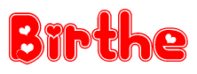 The image displays the word Birthe written in a stylized red font with hearts inside the letters.