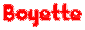 The image is a clipart featuring the word Boyette written in a stylized font with a heart shape replacing inserted into the center of each letter. The color scheme of the text and hearts is red with a light outline.