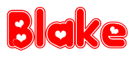 The image is a red and white graphic with the word Blake written in a decorative script. Each letter in  is contained within its own outlined bubble-like shape. Inside each letter, there is a white heart symbol.