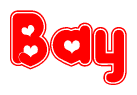 The image is a red and white graphic with the word Bay written in a decorative script. Each letter in  is contained within its own outlined bubble-like shape. Inside each letter, there is a white heart symbol.
