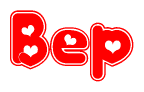 The image is a red and white graphic with the word Bep written in a decorative script. Each letter in  is contained within its own outlined bubble-like shape. Inside each letter, there is a white heart symbol.