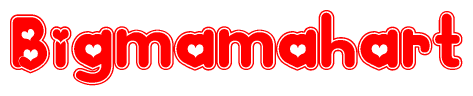 The image is a red and white graphic with the word Bigmamahart written in a decorative script. Each letter in  is contained within its own outlined bubble-like shape. Inside each letter, there is a white heart symbol.