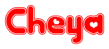 The image is a red and white graphic with the word Cheya written in a decorative script. Each letter in  is contained within its own outlined bubble-like shape. Inside each letter, there is a white heart symbol.