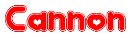 The image is a red and white graphic with the word Cannon written in a decorative script. Each letter in  is contained within its own outlined bubble-like shape. Inside each letter, there is a white heart symbol.