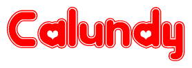 The image is a red and white graphic with the word Calundy written in a decorative script. Each letter in  is contained within its own outlined bubble-like shape. Inside each letter, there is a white heart symbol.