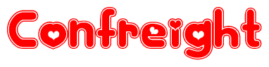 The image is a clipart featuring the word Confreight written in a stylized font with a heart shape replacing inserted into the center of each letter. The color scheme of the text and hearts is red with a light outline.