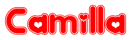 The image is a red and white graphic with the word Camilla written in a decorative script. Each letter in  is contained within its own outlined bubble-like shape. Inside each letter, there is a white heart symbol.