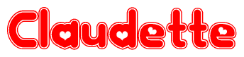 The image is a red and white graphic with the word Claudette written in a decorative script. Each letter in  is contained within its own outlined bubble-like shape. Inside each letter, there is a white heart symbol.