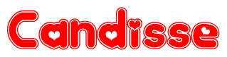 The image is a red and white graphic with the word Candisse written in a decorative script. Each letter in  is contained within its own outlined bubble-like shape. Inside each letter, there is a white heart symbol.