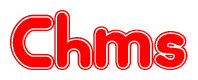 The image is a red and white graphic with the word Chms written in a decorative script. Each letter in  is contained within its own outlined bubble-like shape. Inside each letter, there is a white heart symbol.