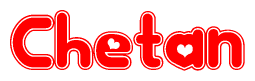 The image is a red and white graphic with the word Chetan written in a decorative script. Each letter in  is contained within its own outlined bubble-like shape. Inside each letter, there is a white heart symbol.