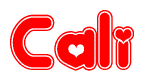 The image is a clipart featuring the word Cali written in a stylized font with a heart shape replacing inserted into the center of each letter. The color scheme of the text and hearts is red with a light outline.