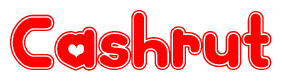 The image is a red and white graphic with the word Cashrut written in a decorative script. Each letter in  is contained within its own outlined bubble-like shape. Inside each letter, there is a white heart symbol.