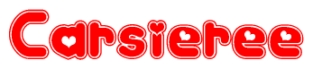The image is a red and white graphic with the word Carsieree written in a decorative script. Each letter in  is contained within its own outlined bubble-like shape. Inside each letter, there is a white heart symbol.