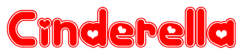 The image is a clipart featuring the word Cinderella written in a stylized font with a heart shape replacing inserted into the center of each letter. The color scheme of the text and hearts is red with a light outline.