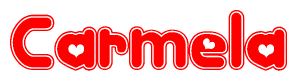 The image is a clipart featuring the word Carmela written in a stylized font with a heart shape replacing inserted into the center of each letter. The color scheme of the text and hearts is red with a light outline.
