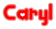 The image is a red and white graphic with the word Caryl written in a decorative script. Each letter in  is contained within its own outlined bubble-like shape. Inside each letter, there is a white heart symbol.
