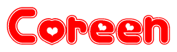 The image is a clipart featuring the word Coreen written in a stylized font with a heart shape replacing inserted into the center of each letter. The color scheme of the text and hearts is red with a light outline.