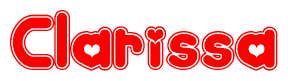 The image is a red and white graphic with the word Clarissa written in a decorative script. Each letter in  is contained within its own outlined bubble-like shape. Inside each letter, there is a white heart symbol.
