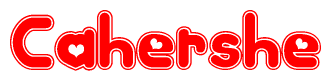 The image displays the word Cahershe written in a stylized red font with hearts inside the letters.