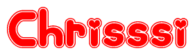 The image is a red and white graphic with the word Chrisssi written in a decorative script. Each letter in  is contained within its own outlined bubble-like shape. Inside each letter, there is a white heart symbol.