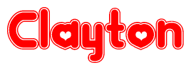 The image is a red and white graphic with the word Clayton written in a decorative script. Each letter in  is contained within its own outlined bubble-like shape. Inside each letter, there is a white heart symbol.
