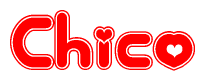 The image is a clipart featuring the word Chico written in a stylized font with a heart shape replacing inserted into the center of each letter. The color scheme of the text and hearts is red with a light outline.