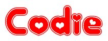 The image displays the word Codie written in a stylized red font with hearts inside the letters.