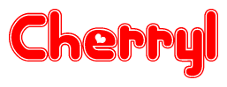 The image is a red and white graphic with the word Cherryl written in a decorative script. Each letter in  is contained within its own outlined bubble-like shape. Inside each letter, there is a white heart symbol.