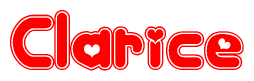The image is a red and white graphic with the word Clarice written in a decorative script. Each letter in  is contained within its own outlined bubble-like shape. Inside each letter, there is a white heart symbol.