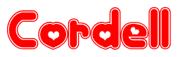 The image is a clipart featuring the word Cordell written in a stylized font with a heart shape replacing inserted into the center of each letter. The color scheme of the text and hearts is red with a light outline.