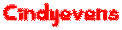 The image is a red and white graphic with the word Cindyevens written in a decorative script. Each letter in  is contained within its own outlined bubble-like shape. Inside each letter, there is a white heart symbol.
