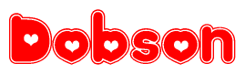 The image is a clipart featuring the word Dobson written in a stylized font with a heart shape replacing inserted into the center of each letter. The color scheme of the text and hearts is red with a light outline.