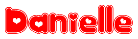 The image is a red and white graphic with the word Danielle written in a decorative script. Each letter in  is contained within its own outlined bubble-like shape. Inside each letter, there is a white heart symbol.