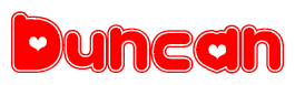 The image is a red and white graphic with the word Duncan written in a decorative script. Each letter in  is contained within its own outlined bubble-like shape. Inside each letter, there is a white heart symbol.