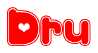 The image is a red and white graphic with the word Dru written in a decorative script. Each letter in  is contained within its own outlined bubble-like shape. Inside each letter, there is a white heart symbol.