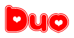 The image is a red and white graphic with the word Duo written in a decorative script. Each letter in  is contained within its own outlined bubble-like shape. Inside each letter, there is a white heart symbol.