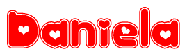 The image is a clipart featuring the word Daniela written in a stylized font with a heart shape replacing inserted into the center of each letter. The color scheme of the text and hearts is red with a light outline.