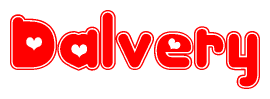 The image is a clipart featuring the word Dalvery written in a stylized font with a heart shape replacing inserted into the center of each letter. The color scheme of the text and hearts is red with a light outline.