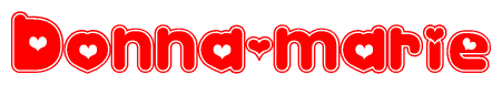 The image is a red and white graphic with the word Donna-marie written in a decorative script. Each letter in  is contained within its own outlined bubble-like shape. Inside each letter, there is a white heart symbol.