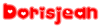 The image is a red and white graphic with the word Dorisjean written in a decorative script. Each letter in  is contained within its own outlined bubble-like shape. Inside each letter, there is a white heart symbol.