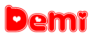 The image is a red and white graphic with the word Demi written in a decorative script. Each letter in  is contained within its own outlined bubble-like shape. Inside each letter, there is a white heart symbol.